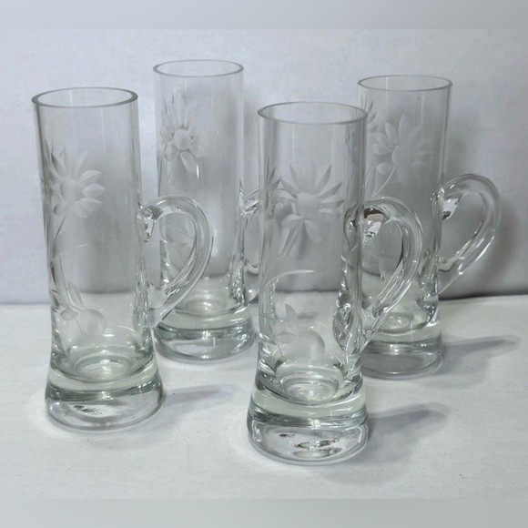 Vintage Etched Floral Hand Blown Shot Cordial Glasses Handles Set of 4, 4" Tall - Picture 6 of 9